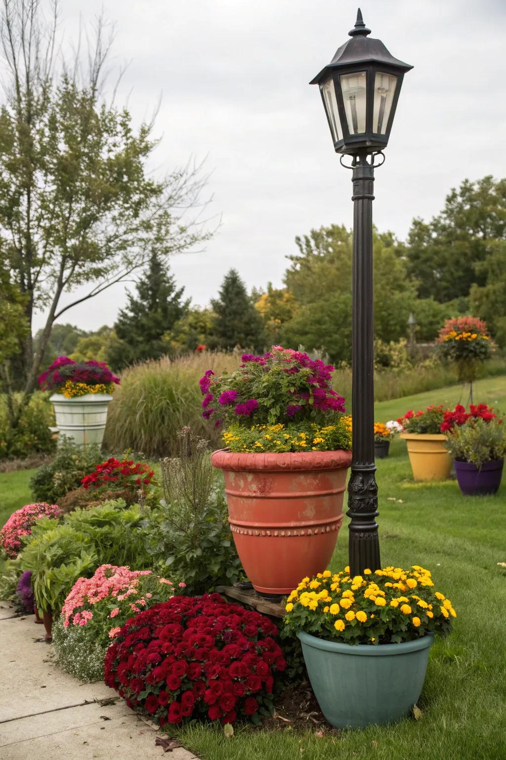 Decorative pots bring seasonal charm to lampposts.