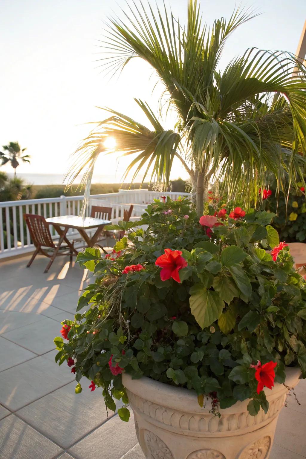 A tropical retreat with palms and hibiscus in large containers.