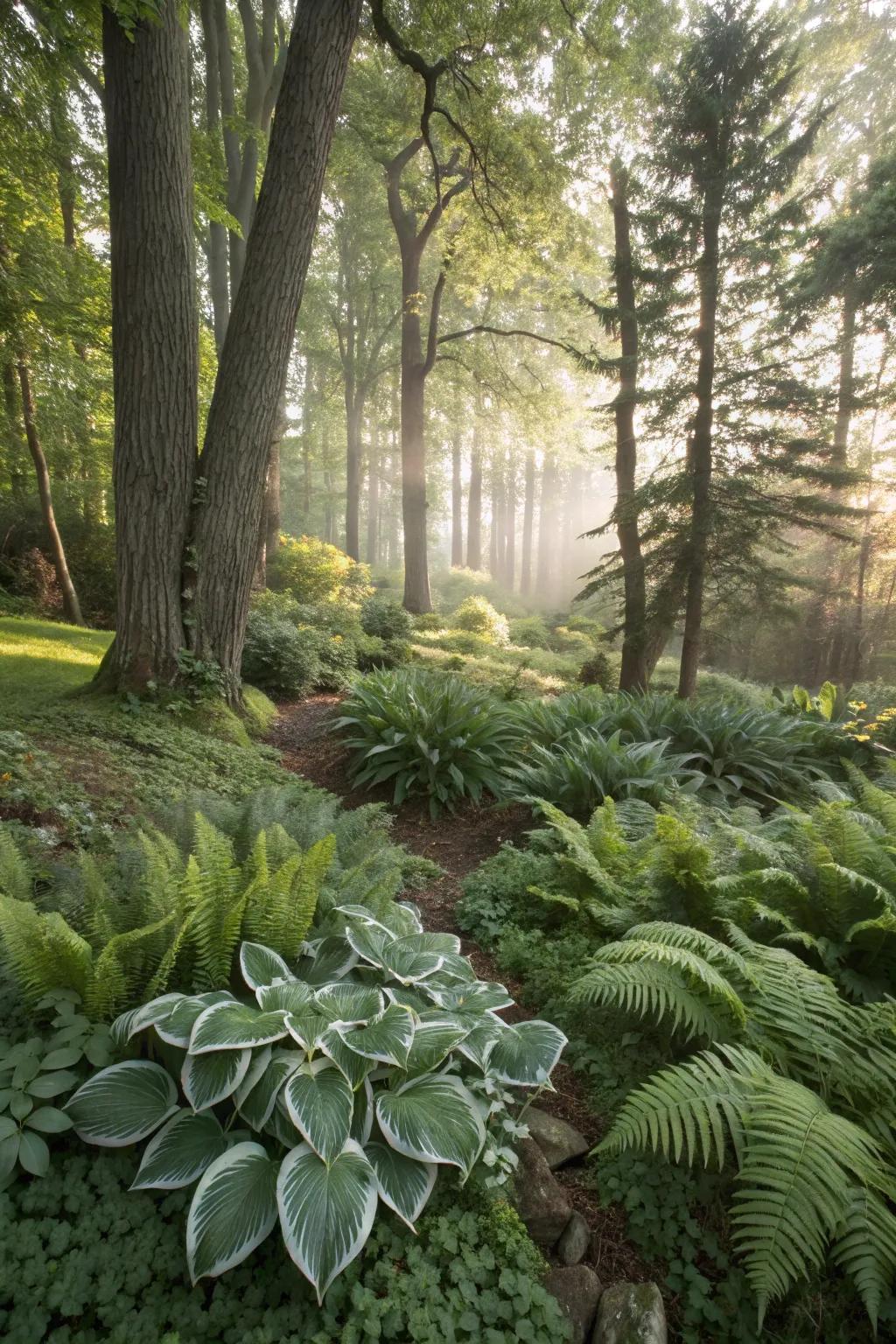 A woodland garden featuring native ferns and hostas creating a lush ground cover.