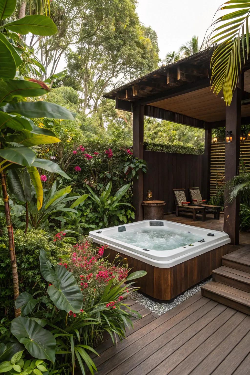 Transform your jacuzzi area into a tropical paradise with lush plants and rich wood tones.