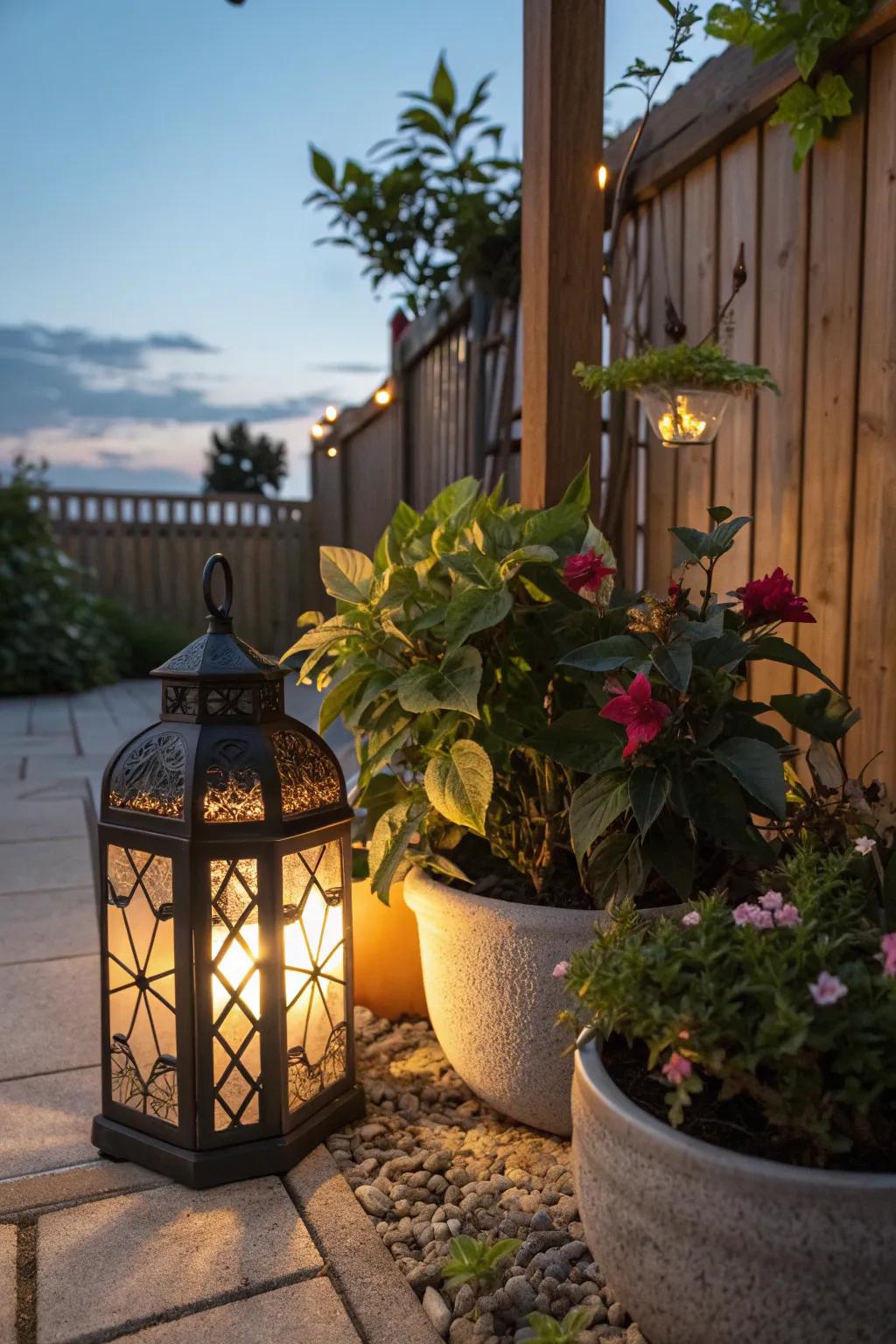 Enhance your plant arrangements with a touch of lantern magic.