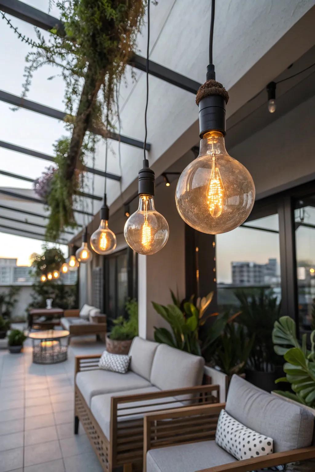 Hanging bulbs add a modern, artistic touch.