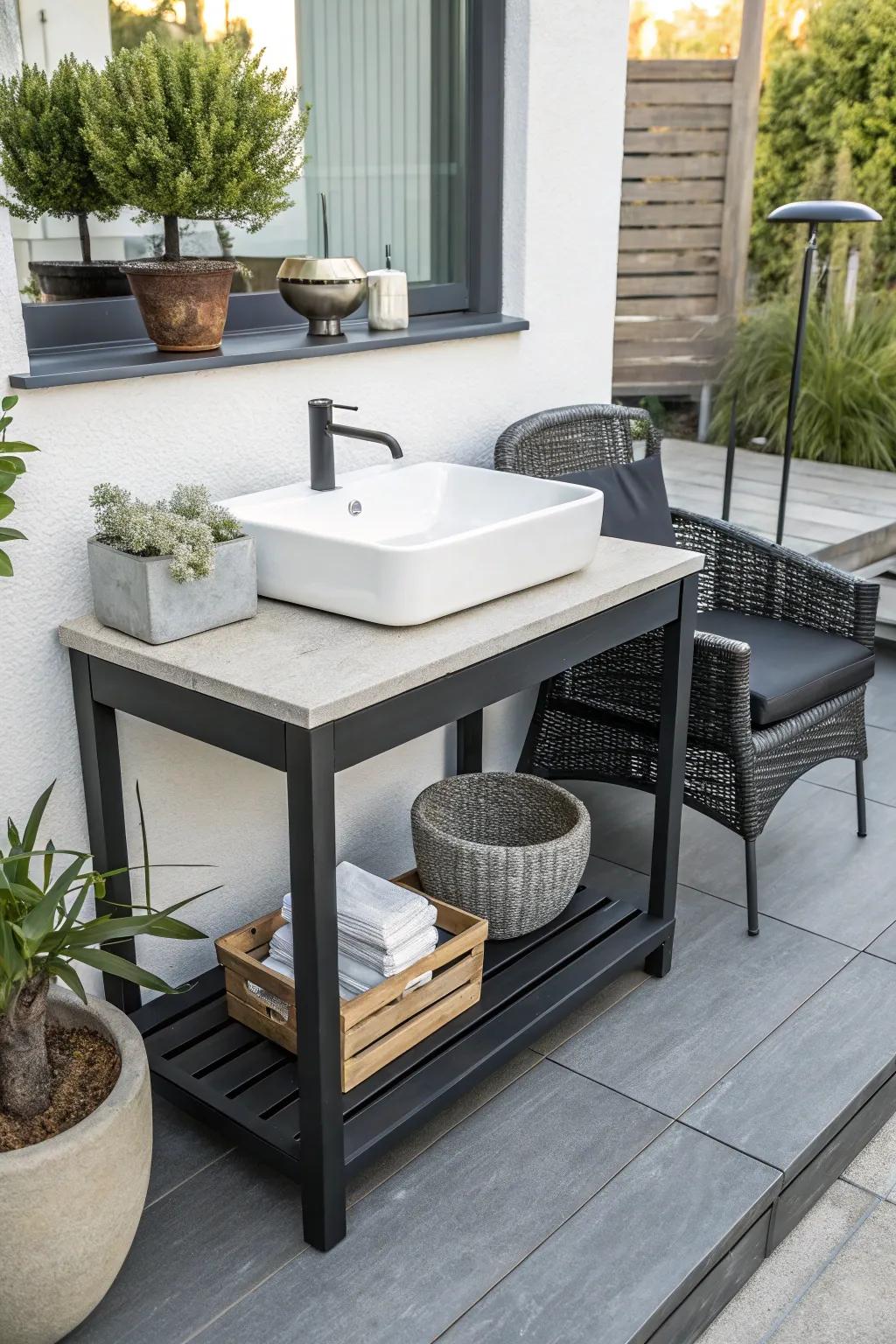 A floating shelf offers sleek storage for patio sinks.