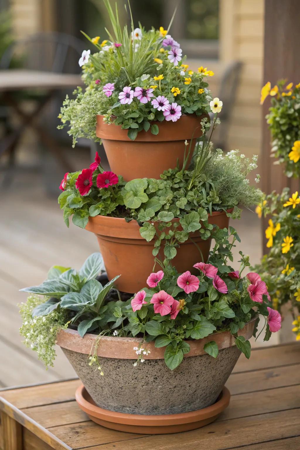 Layered pot arrangements with cascading greenery