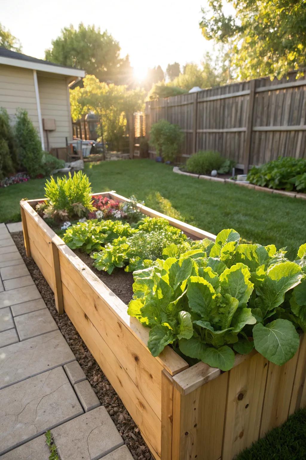 A lush cedar raised bed brimming with fresh greens.