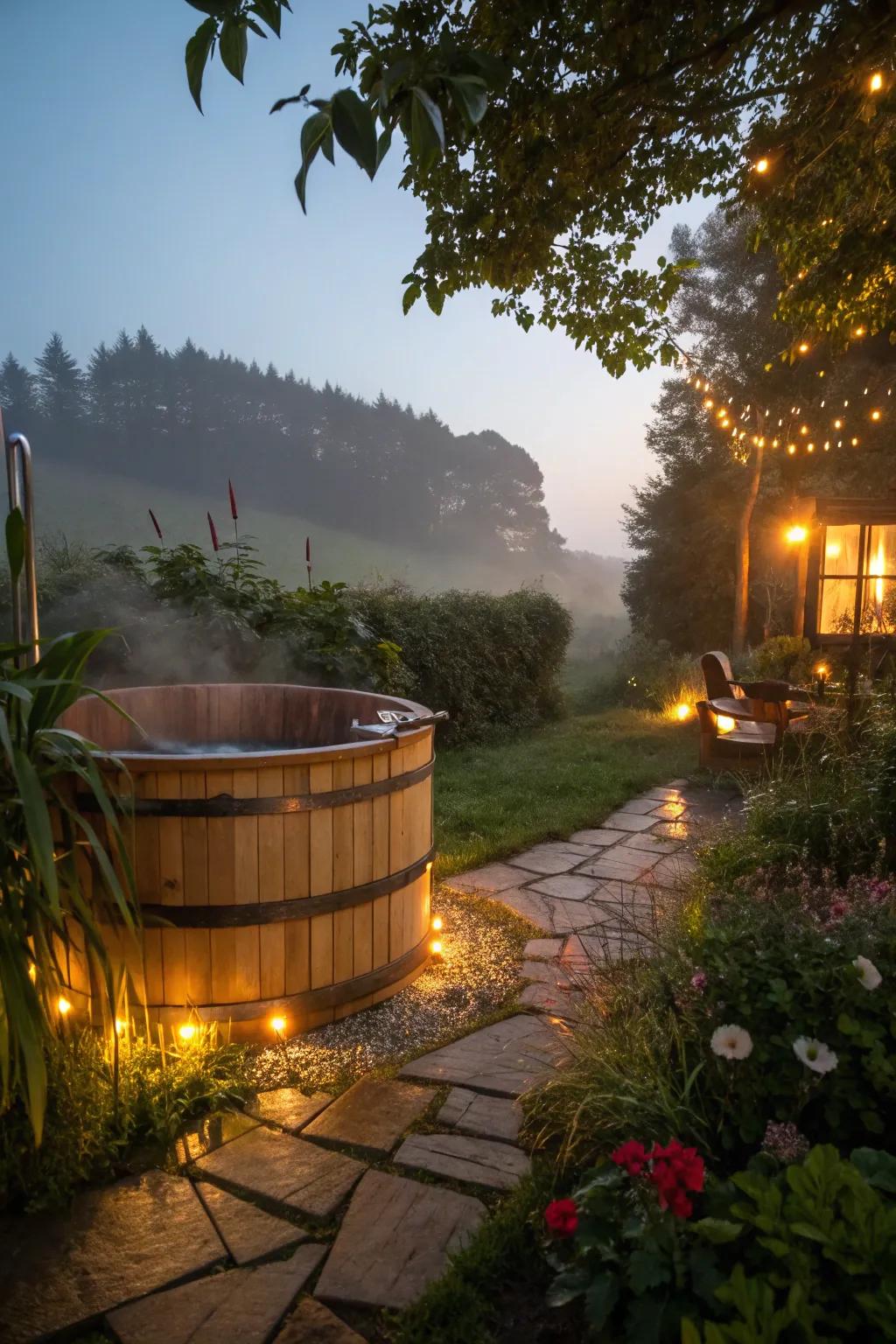 Rustic lighting enhances the nighttime charm of this hot tub.