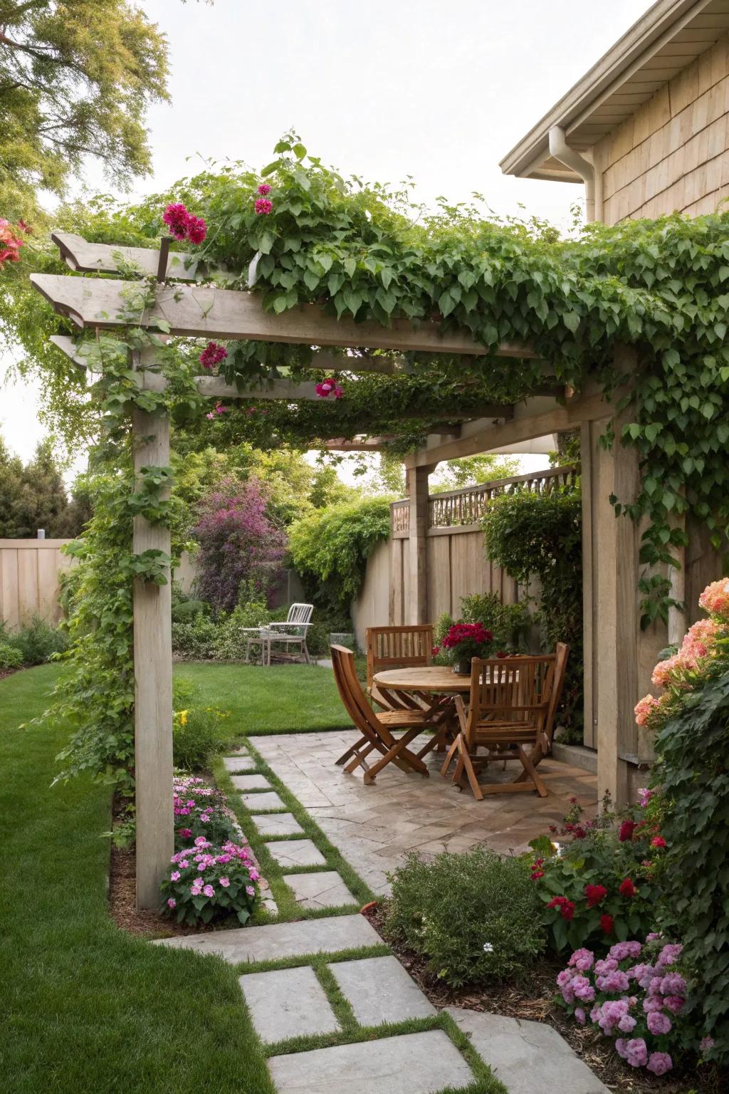 A small pergola adds structure and shade to a backyard.