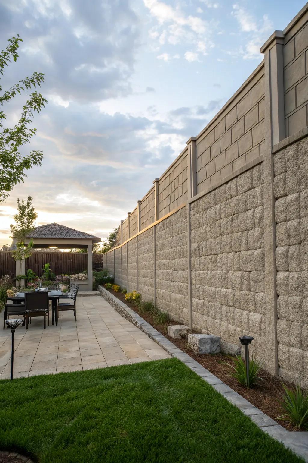 A tall retaining wall offering privacy and safety in a tranquil backyard setting.