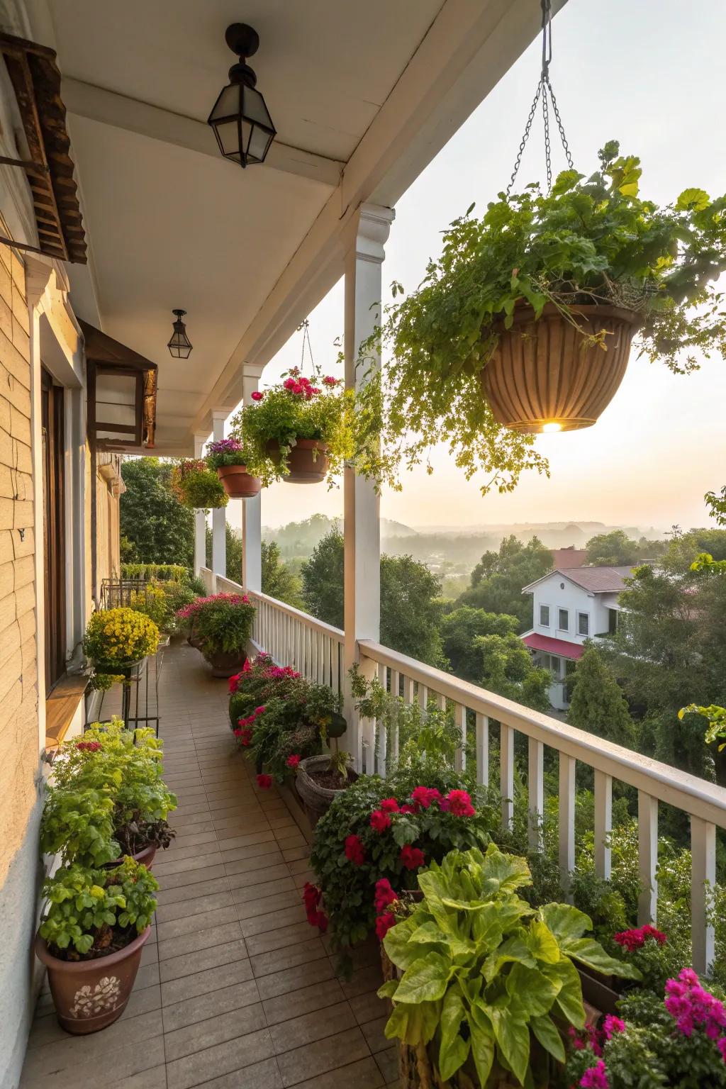 Hanging planters add lush greenery above.