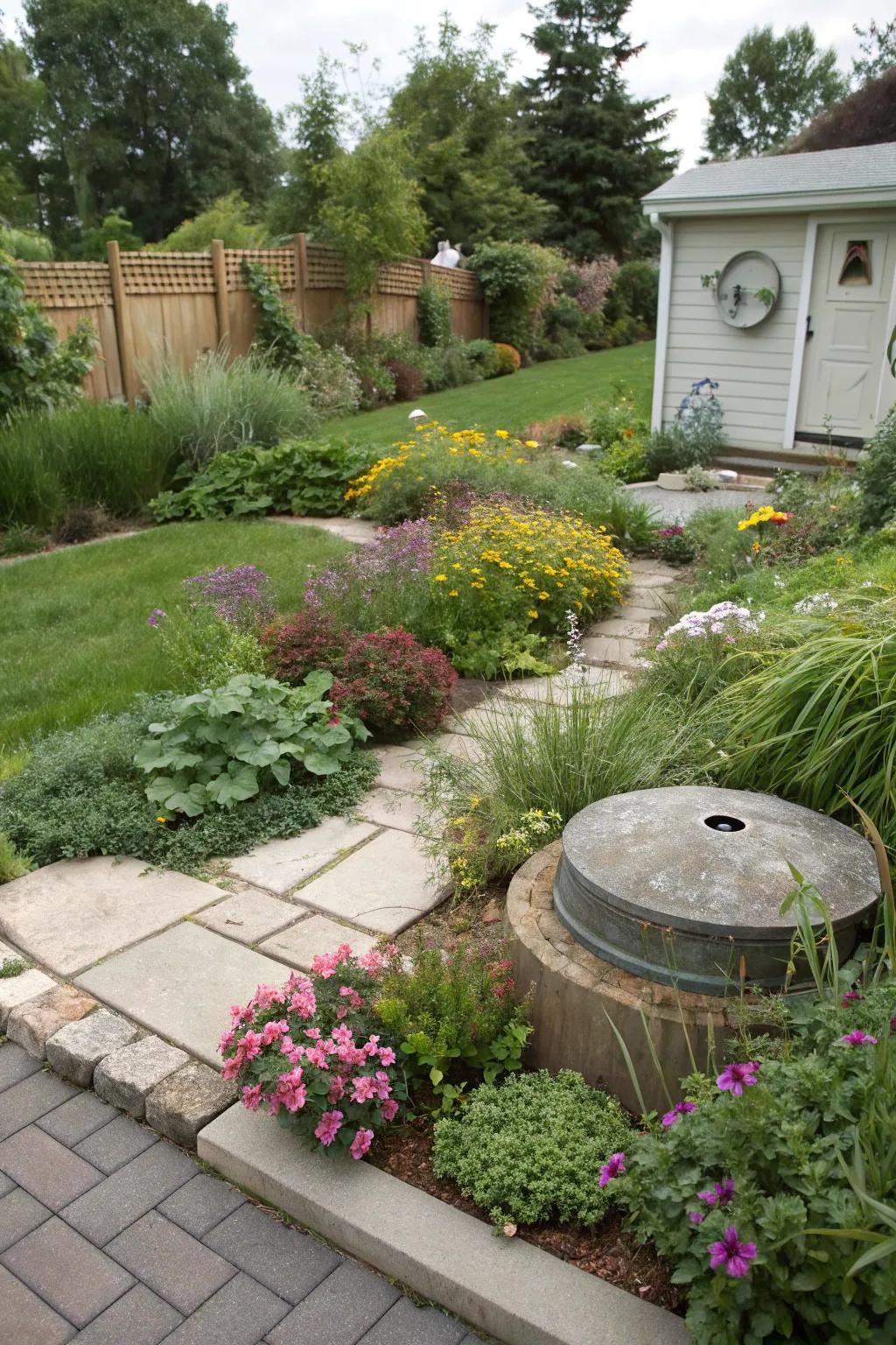 Strategically planted ground covers blend functionality with beauty.