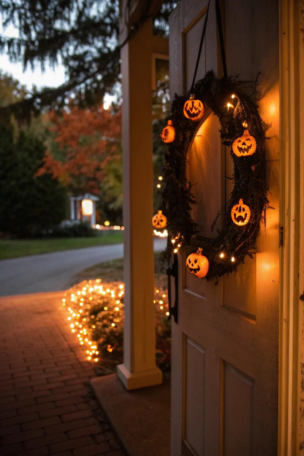 Glowing jack-o'-lantern wreath lights up your Halloween night.