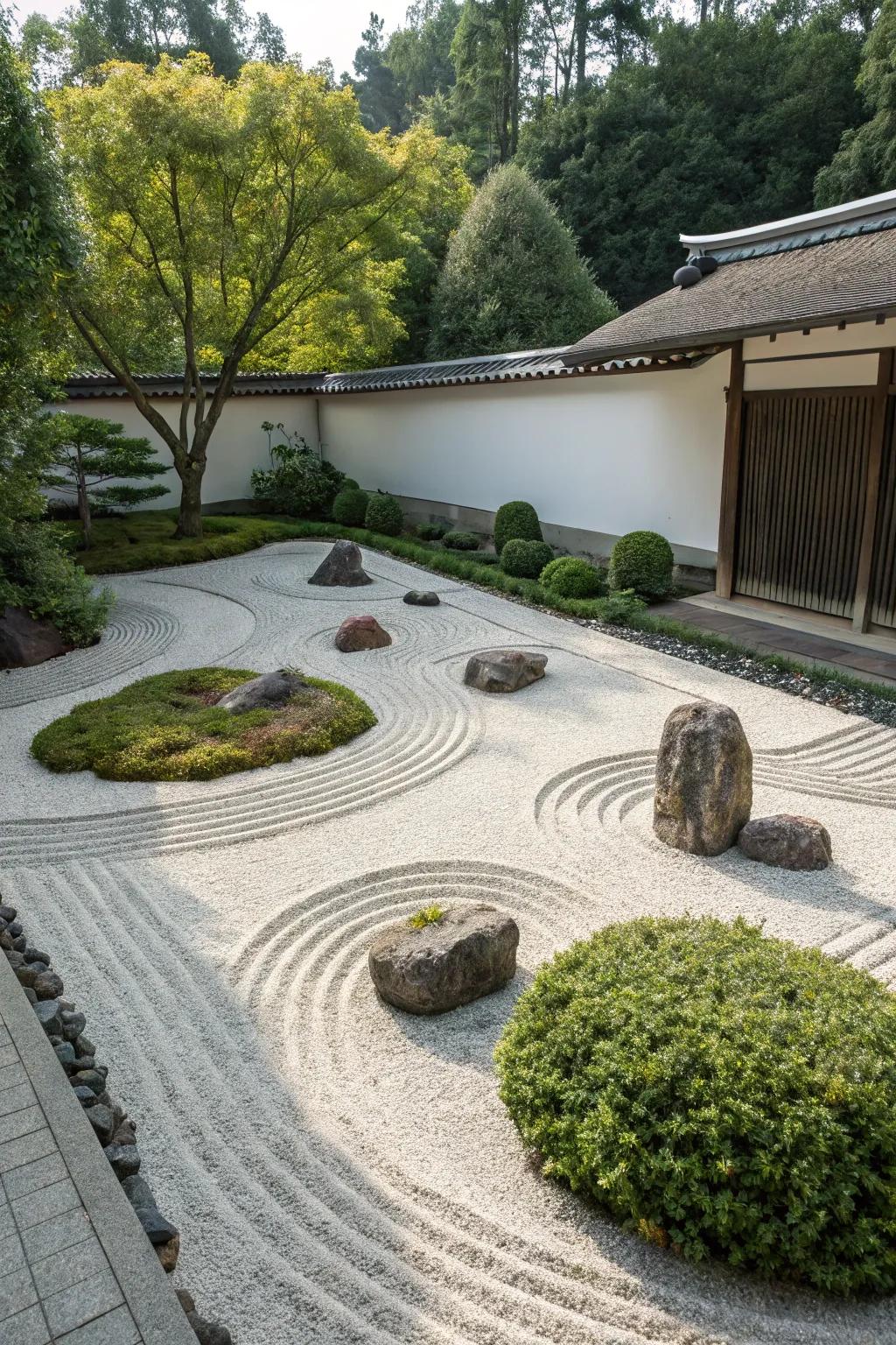 A pebble zen garden offers serenity and visual interest.