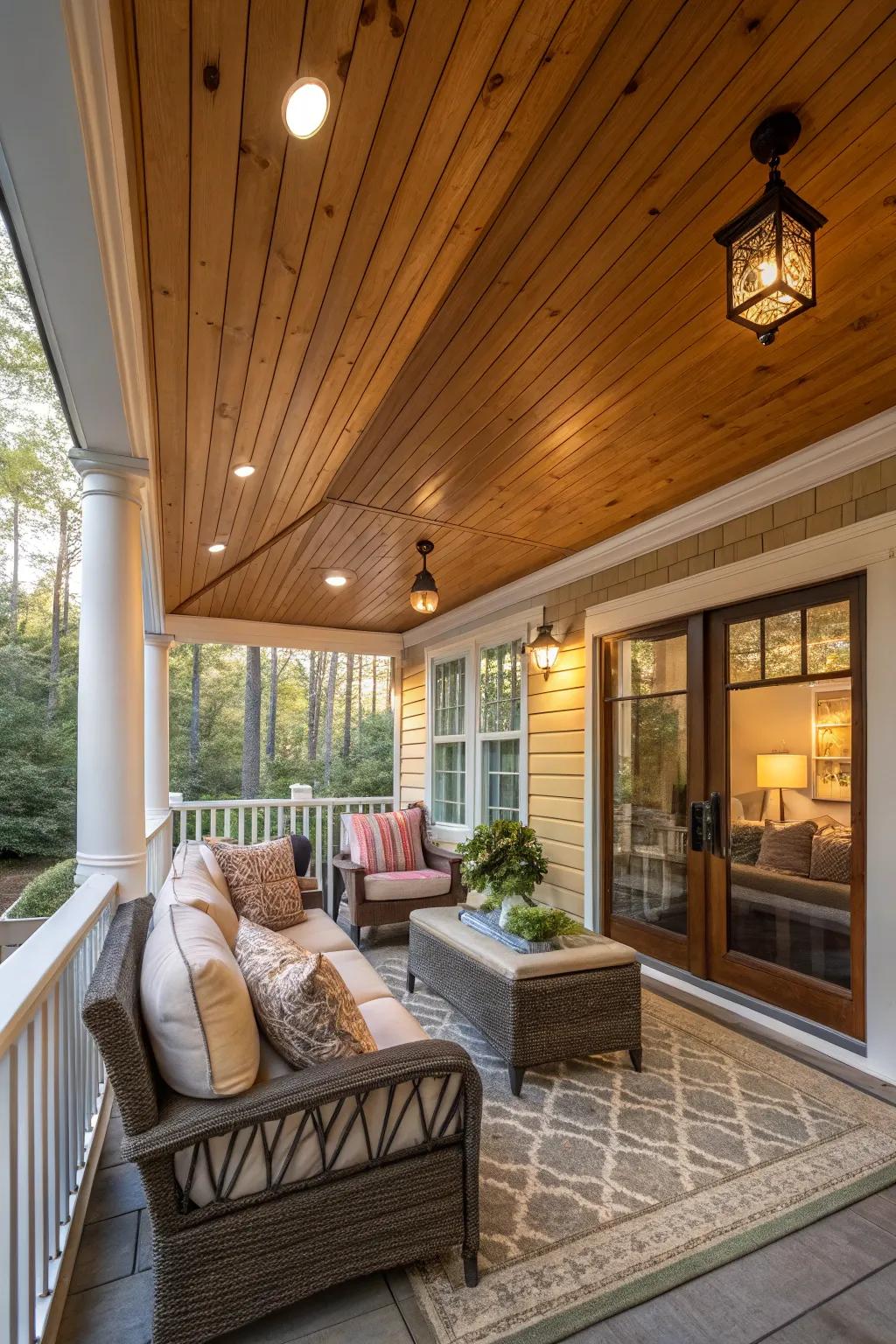 Create a cozy porch with a honey-stained ceiling.