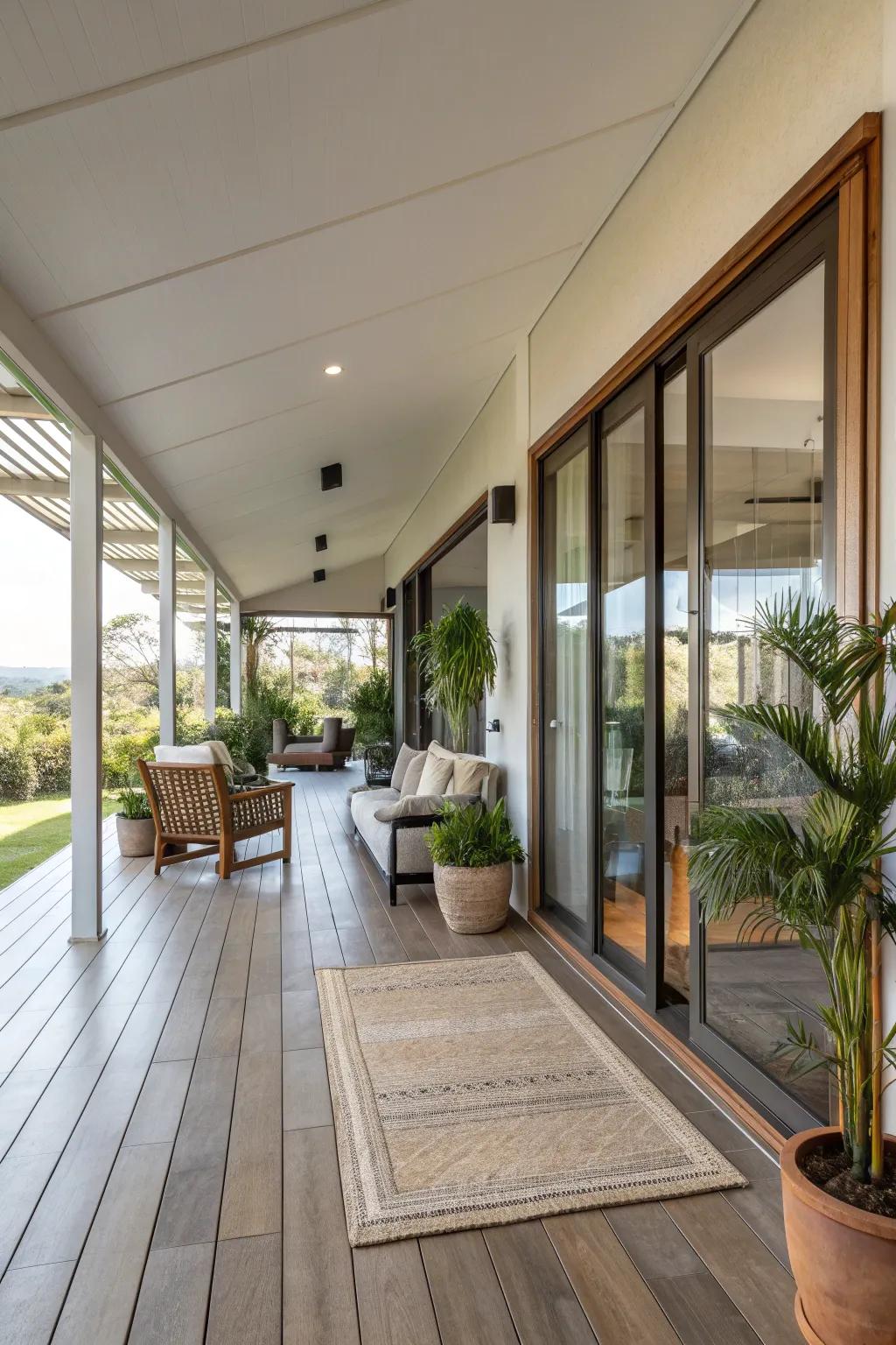 Seamless flooring creates an effortless transition between indoor and outdoor living areas.