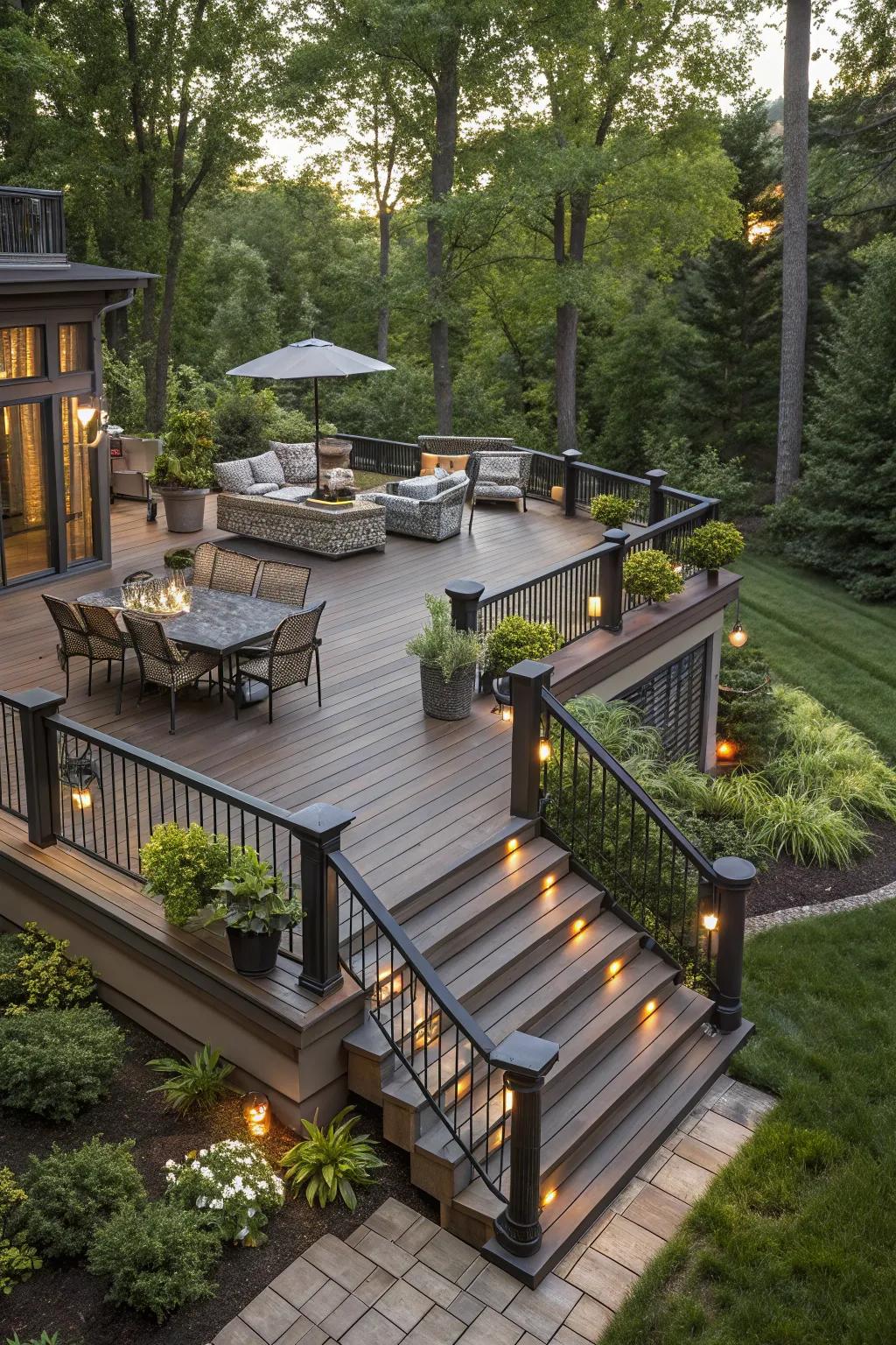 A multi-level composite deck offering distinct outdoor spaces.