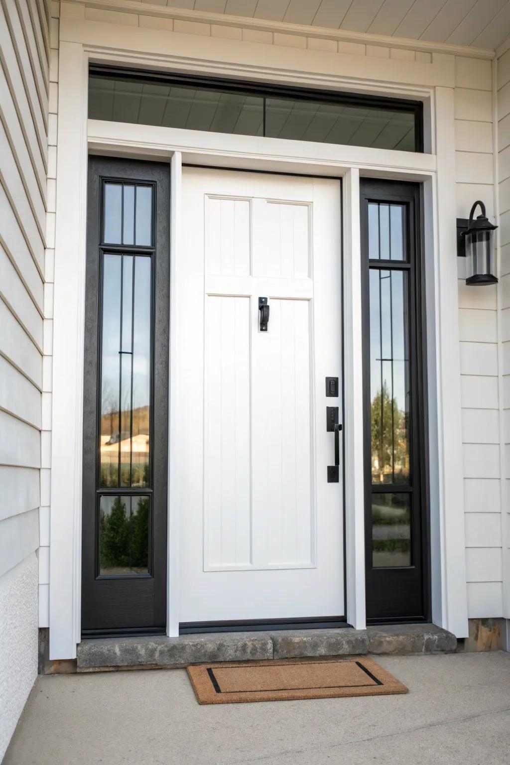Matte black handles providing a modern touch to a minimalist entrance.