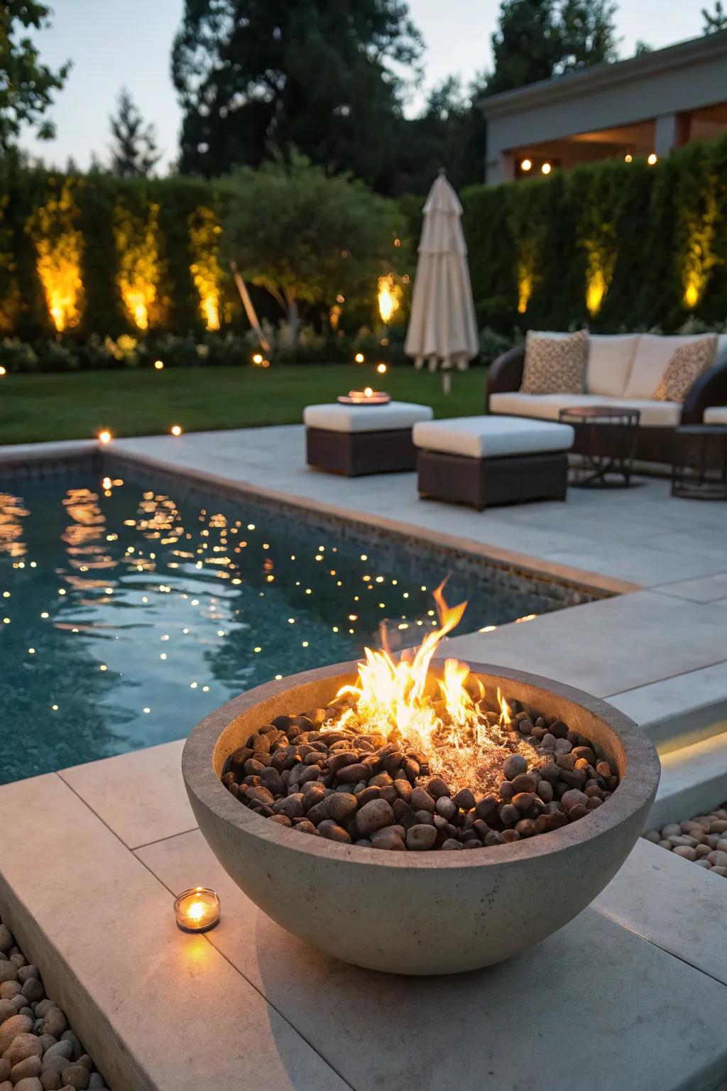 Poolside fire pits offer a luxurious blend of fire and water.
