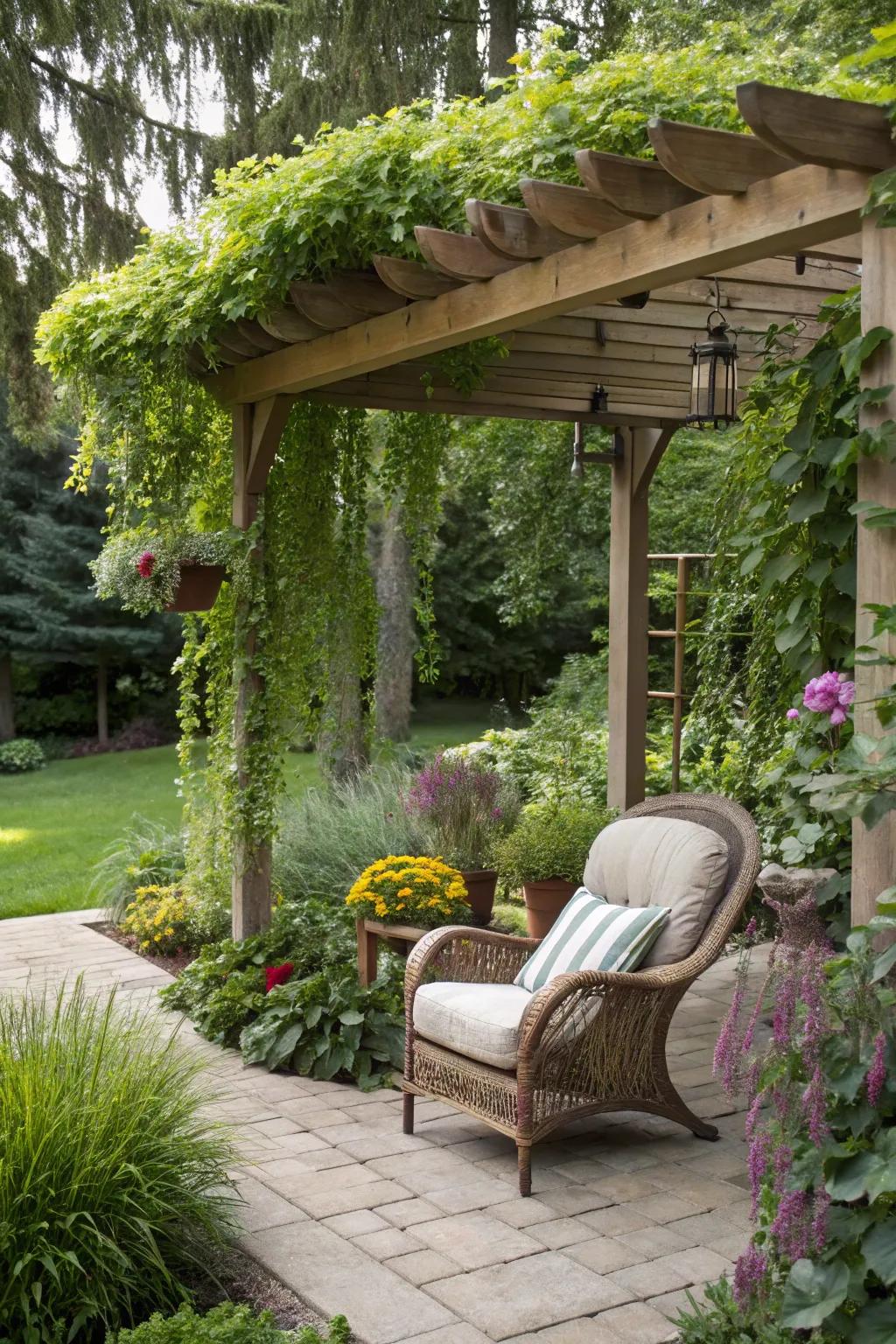 A tranquil reading nook under a half pergola with hanging plants.