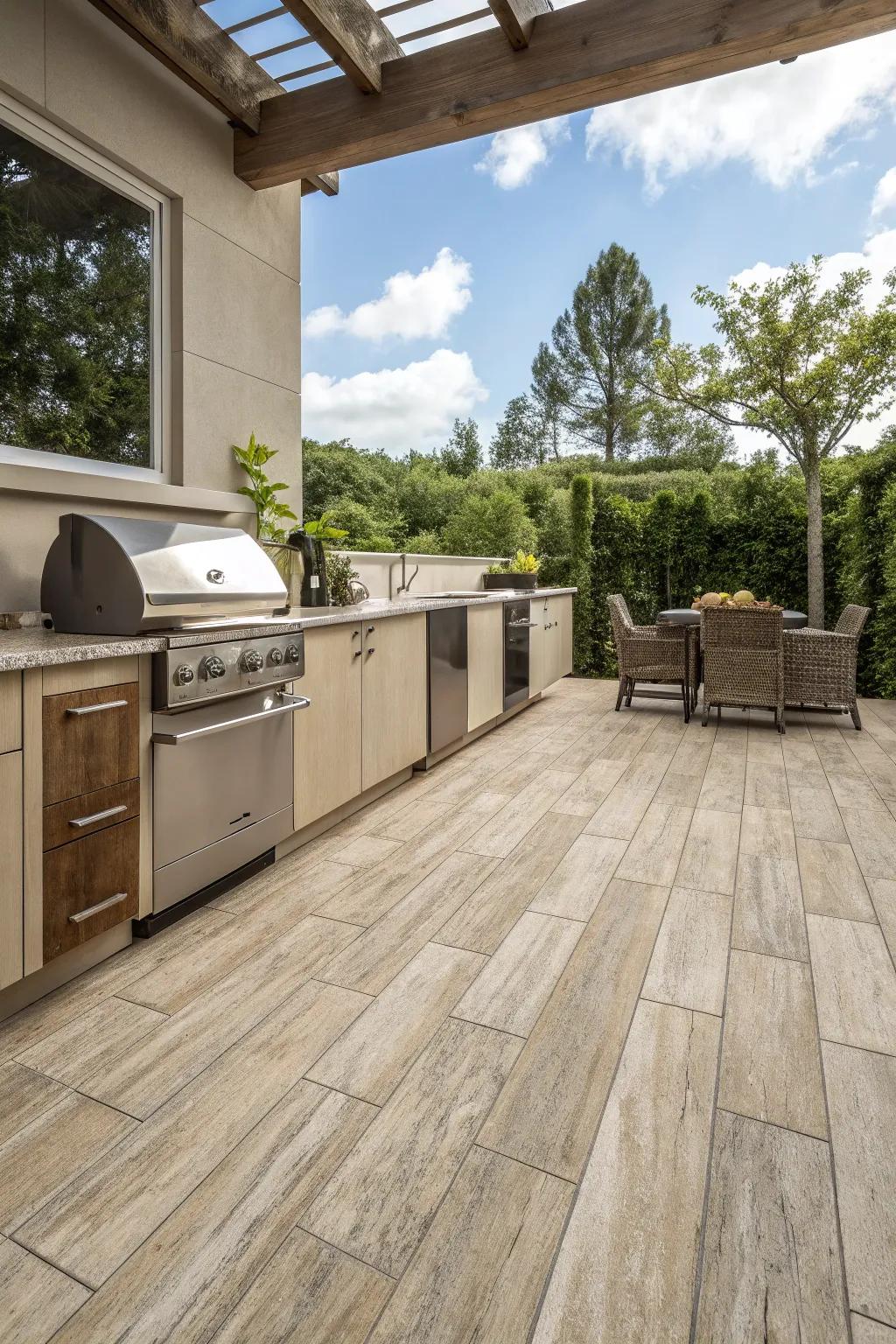 Wood-look porcelain tiles provide warmth and durability without the upkeep of real wood.