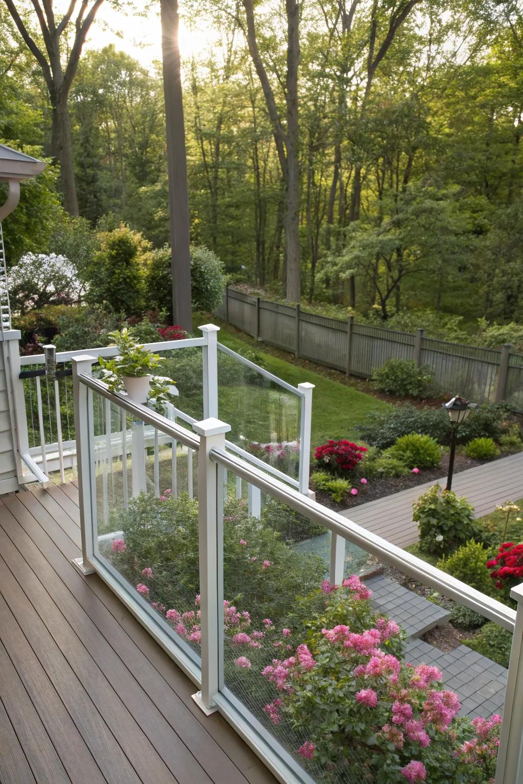 Transparent vinyl railings for easy upkeep.
