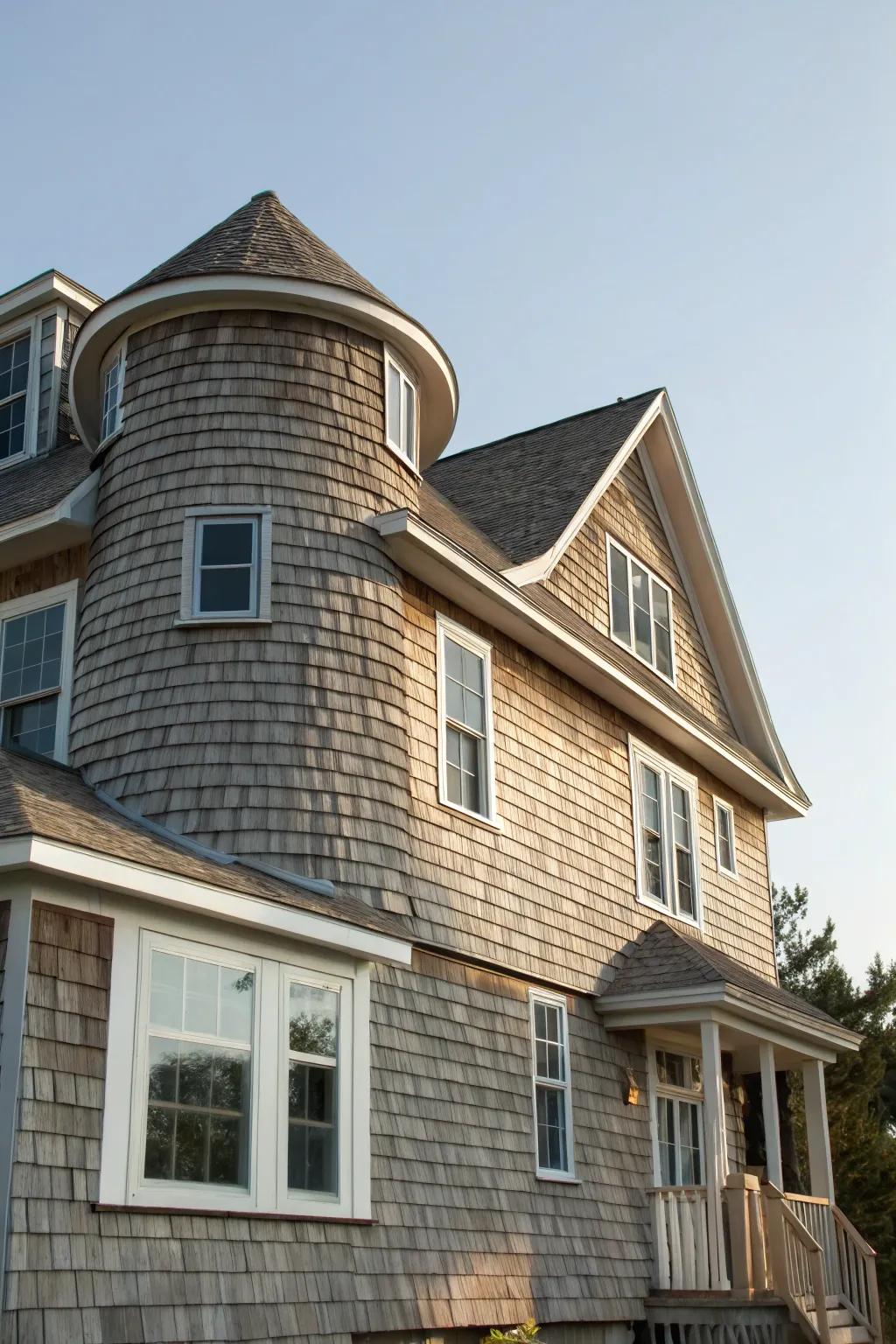 A house with shake siding on creatively shaped walls, showcasing architectural flair.