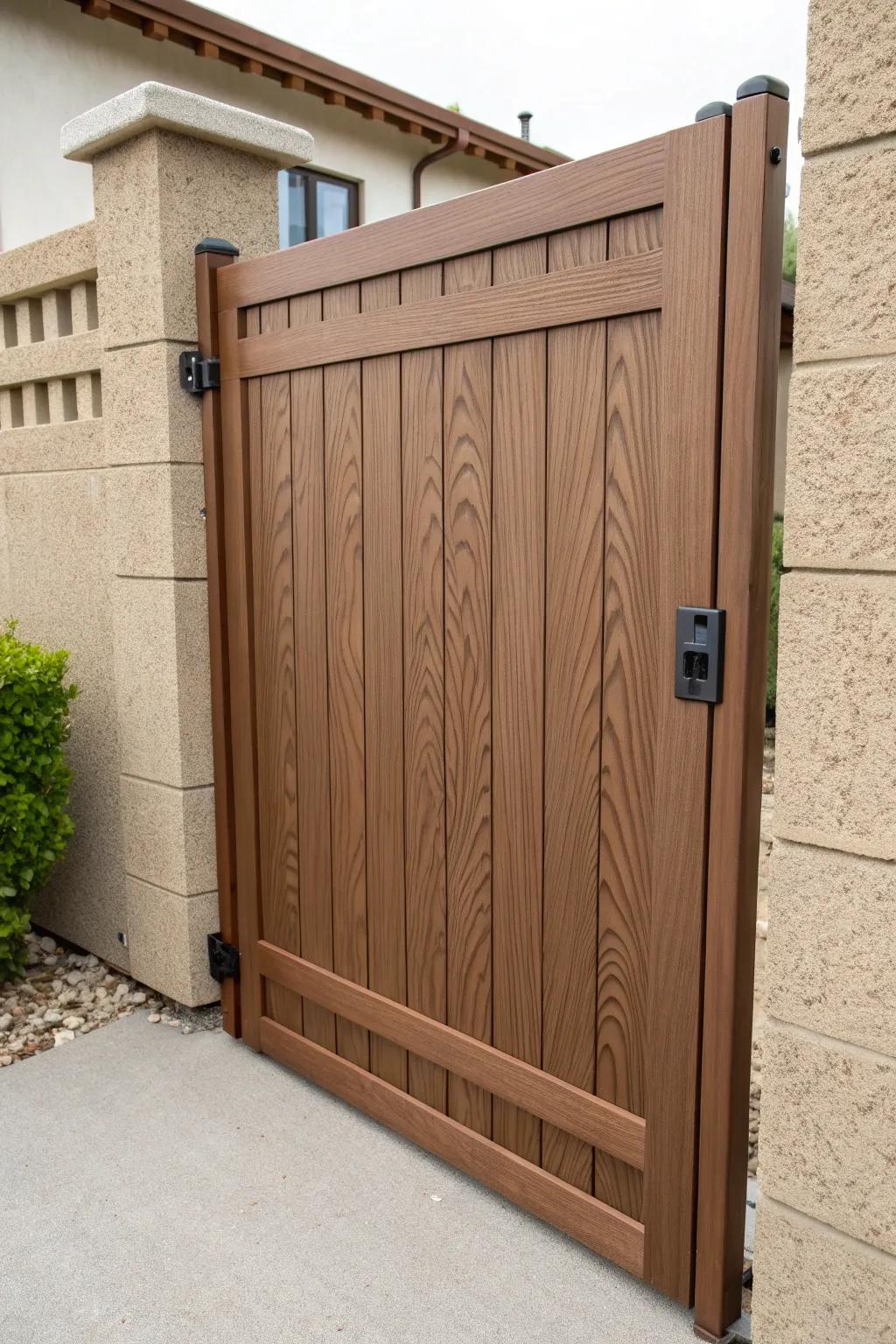 Composite gates offer the beauty of wood with minimal maintenance.