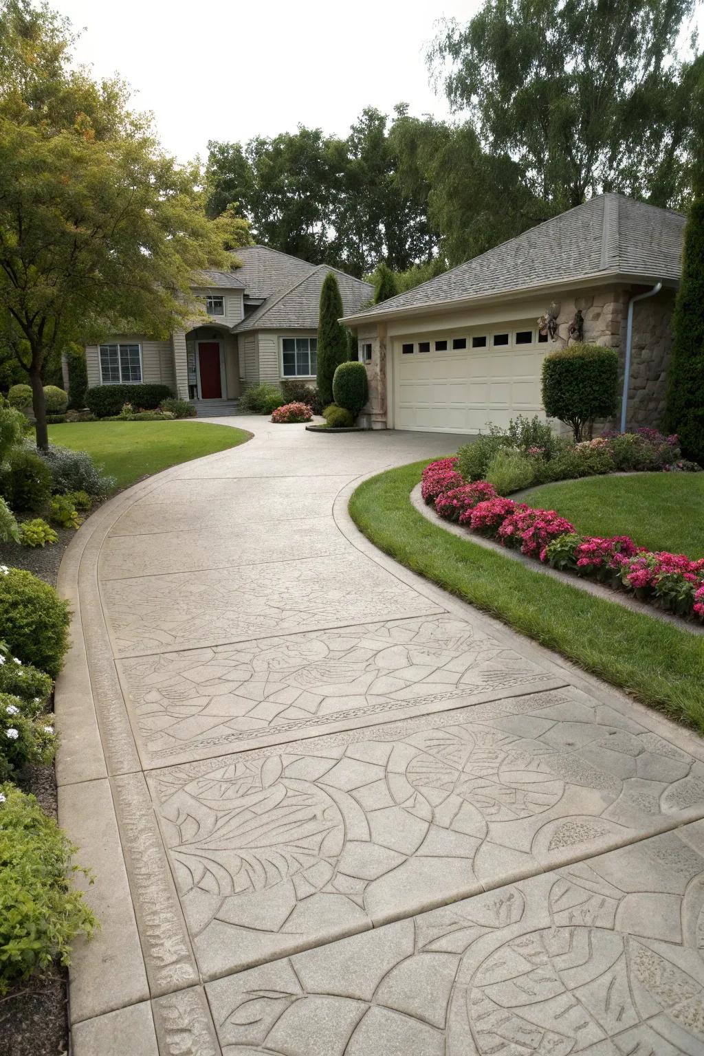 A textured decorative concrete driveway that enhances curb appeal