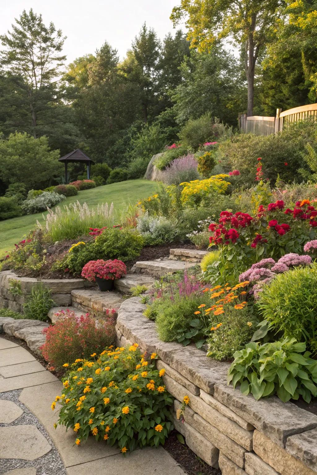 Layered flower beds add depth to any garden.