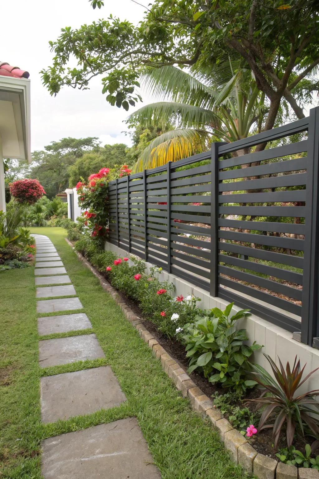 Floating slat fences offer privacy with a touch of elegance.