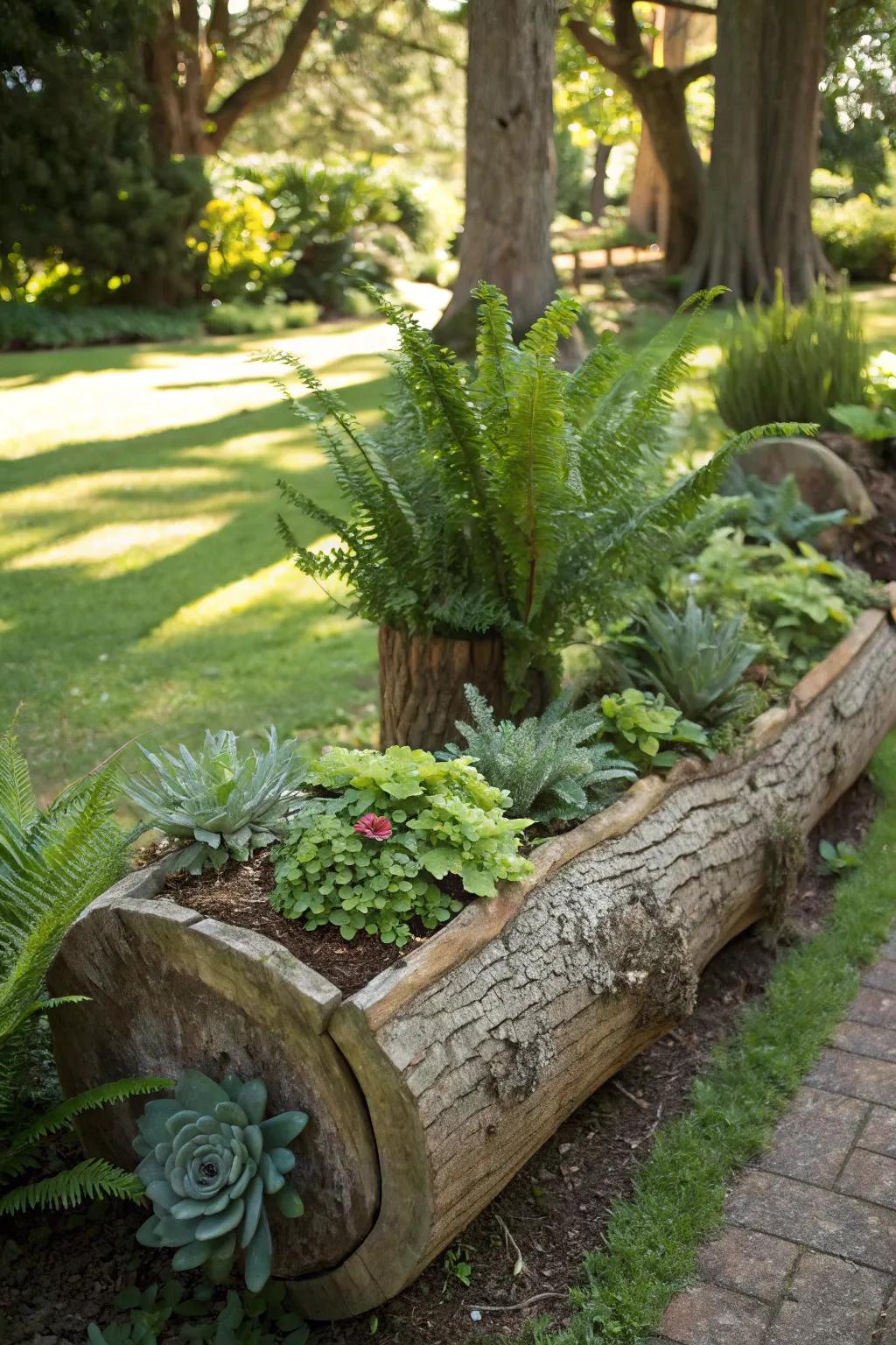 Carved log planters filled with succulents and ferns in a garden setting.