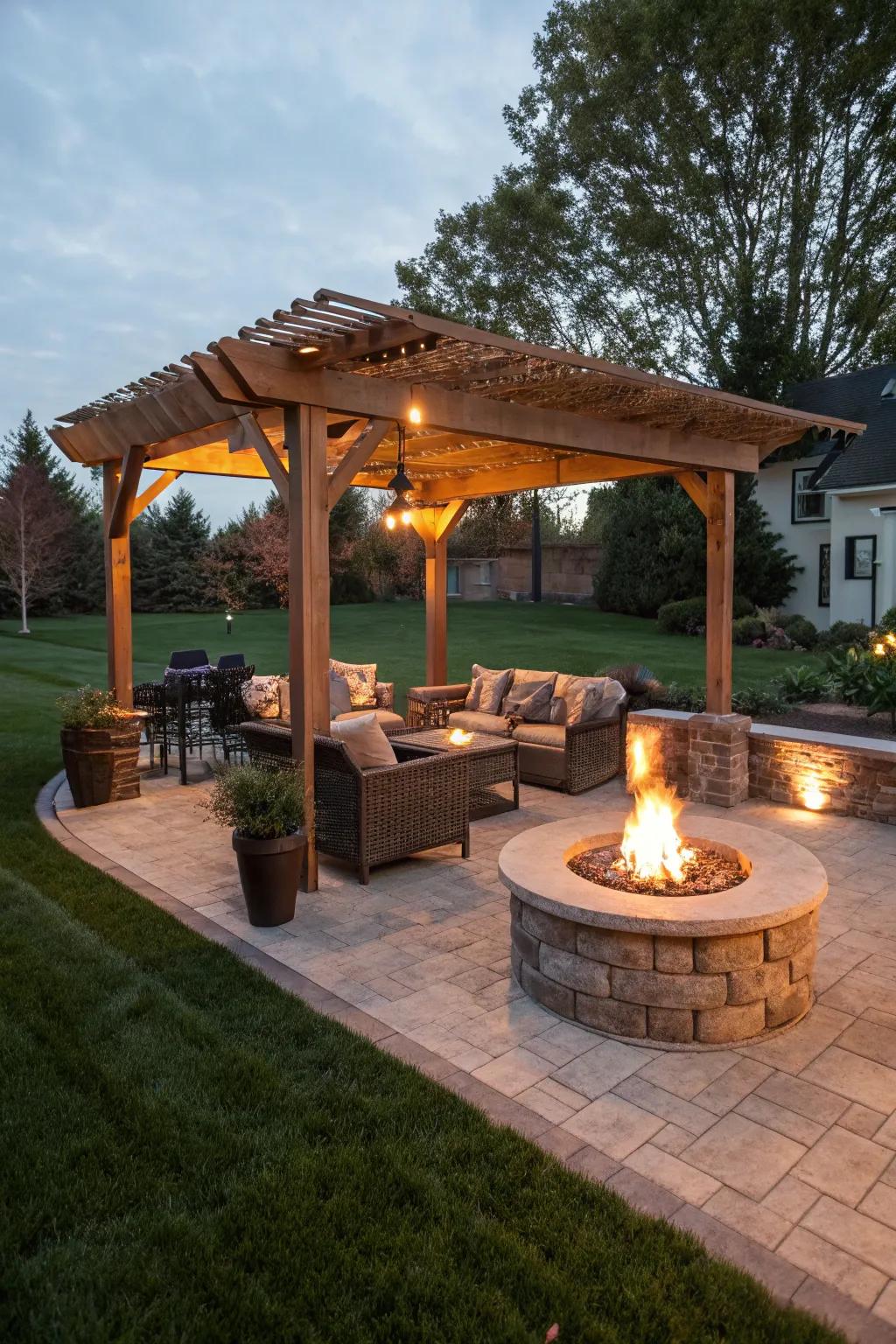 A pergola providing shade and structure over a fire pit.