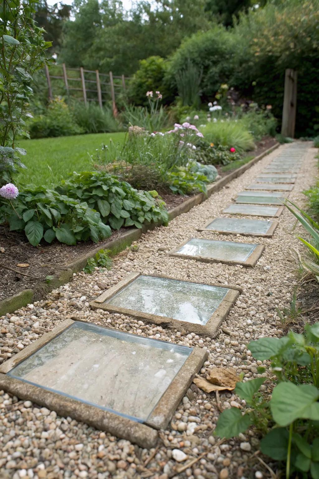 An elegant walkway featuring clear glass pavers.