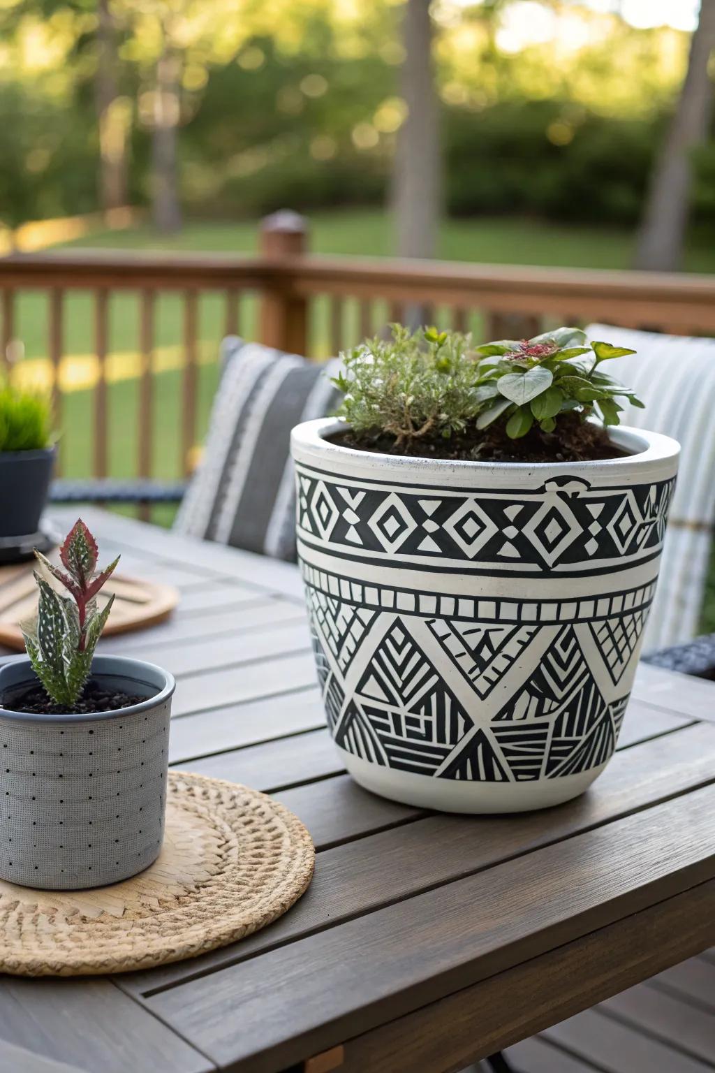 Modern geometric patterns on a stylish flower pot.