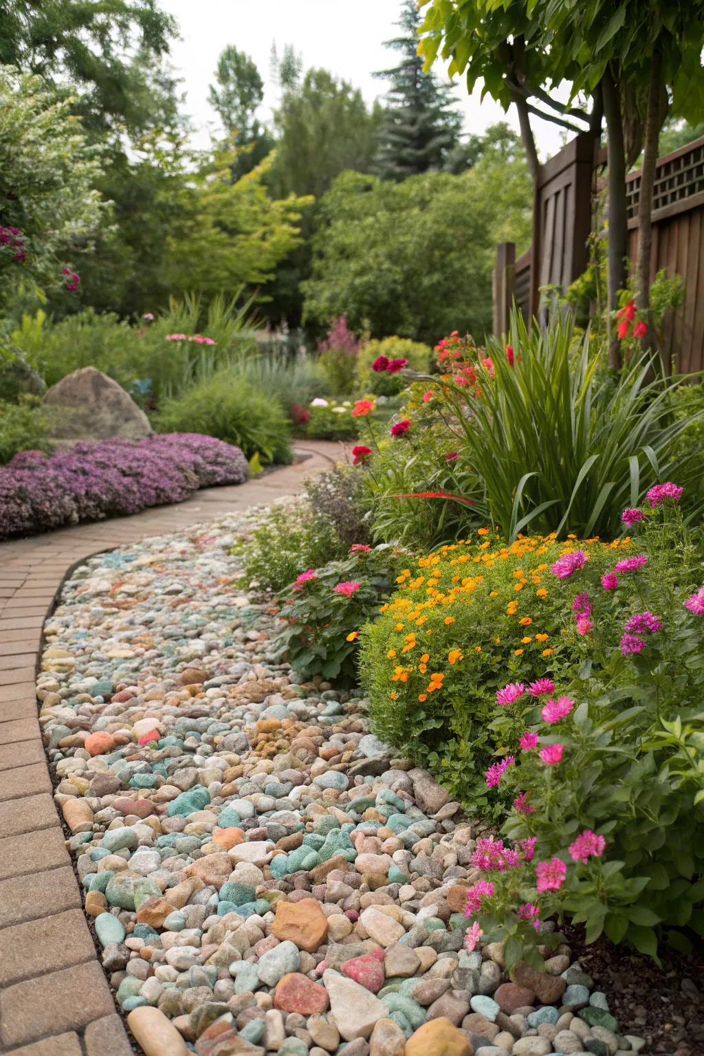 Colored gravel brightens up garden spaces.
