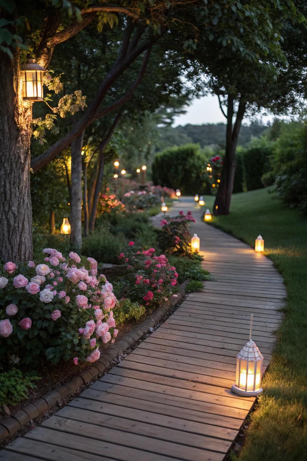 Timber walkways enhanced with decorative elements create a magical ambiance.