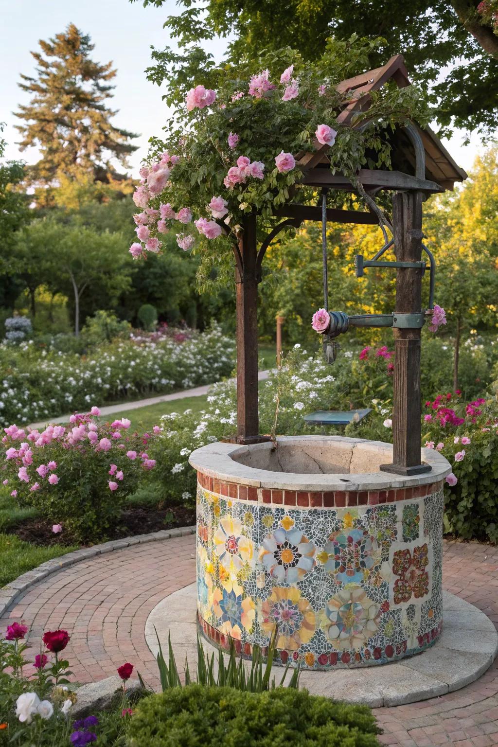Mosaic tiles add an artistic flair to this wishing well.