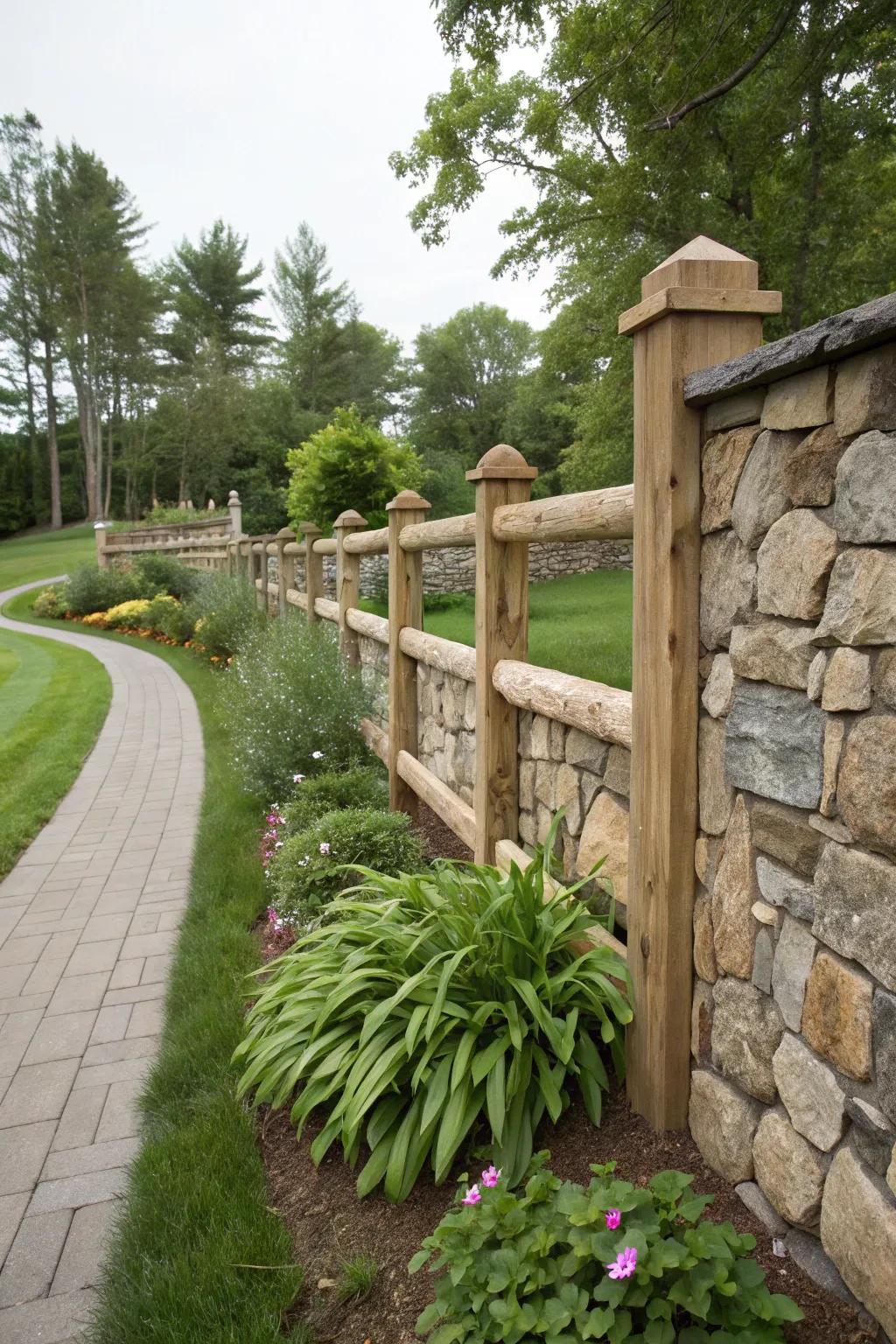 Stone and timber combinations create a striking and natural fence.