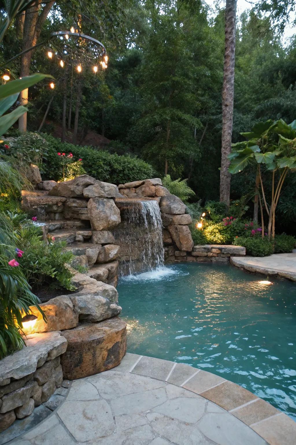 A pool enhanced by the soothing sound of a waterfall.