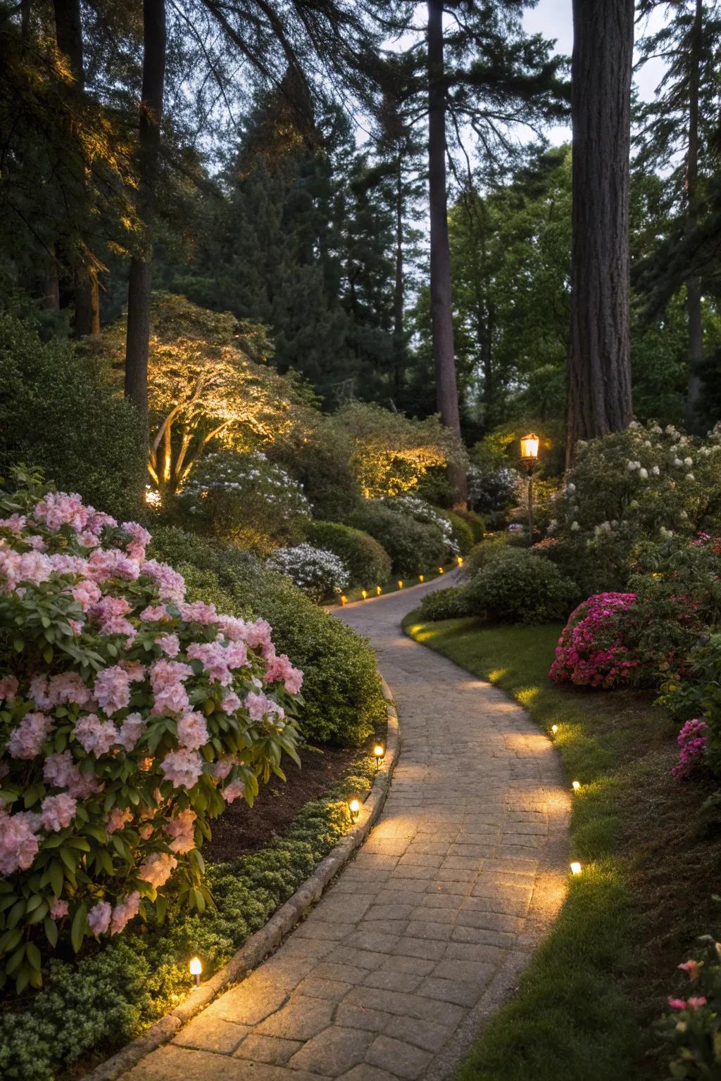 Curved lighting paths transform gardens into enchanting spaces at night.