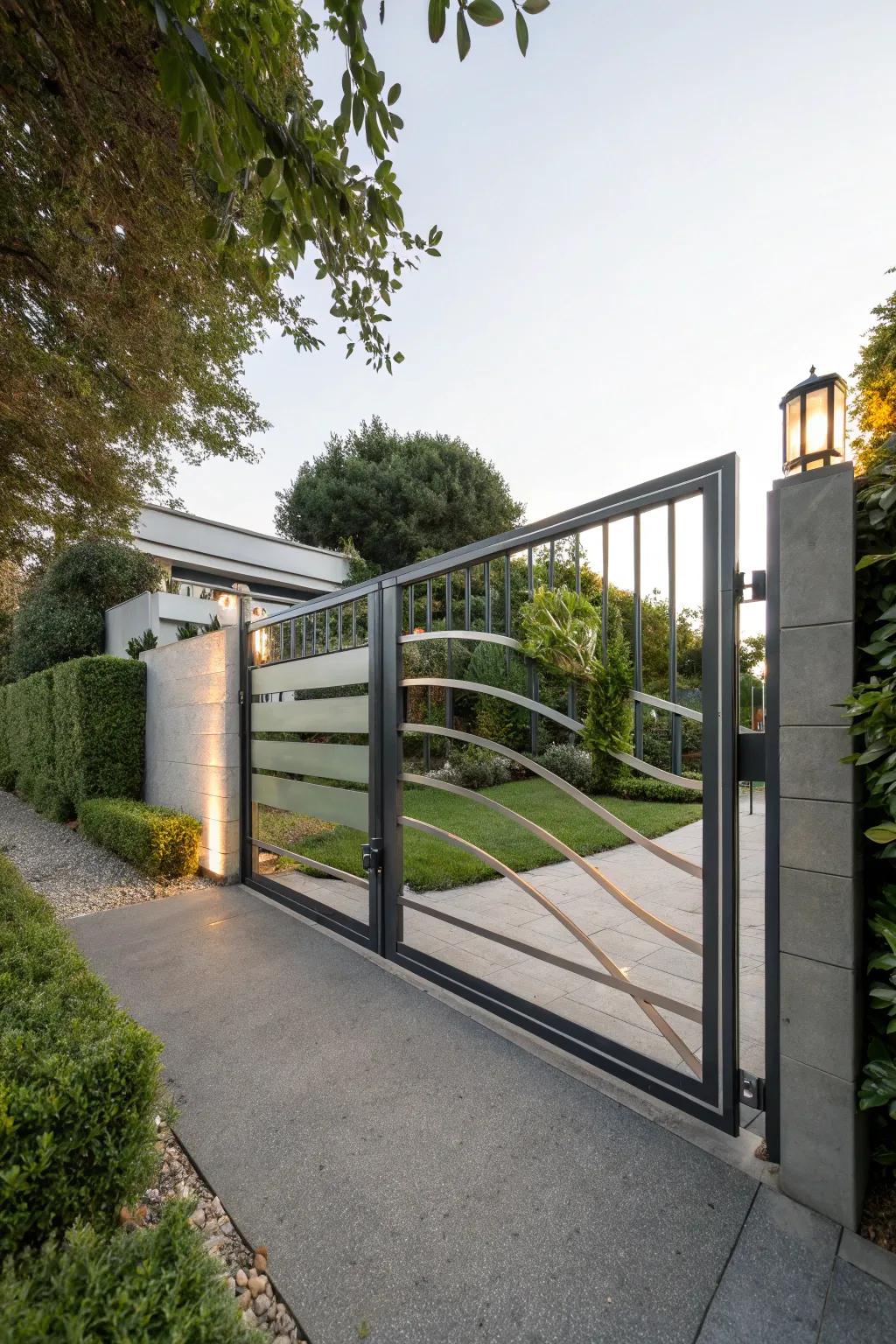 A modern metal gate adds a touch of sophistication to any entrance.