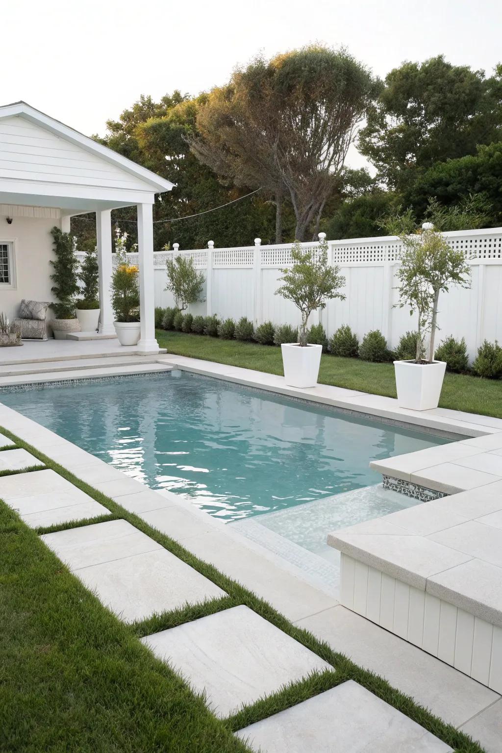 An all-white design creates a clean and serene pool environment.