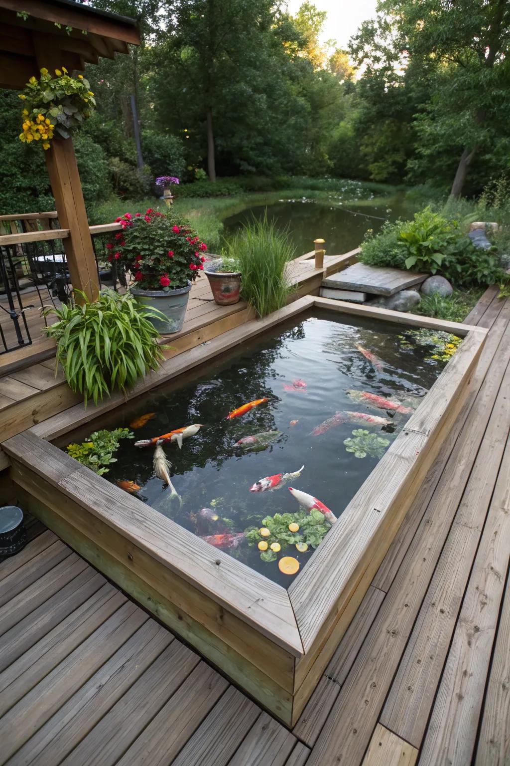 An above-ground koi pond on a stylish deck.