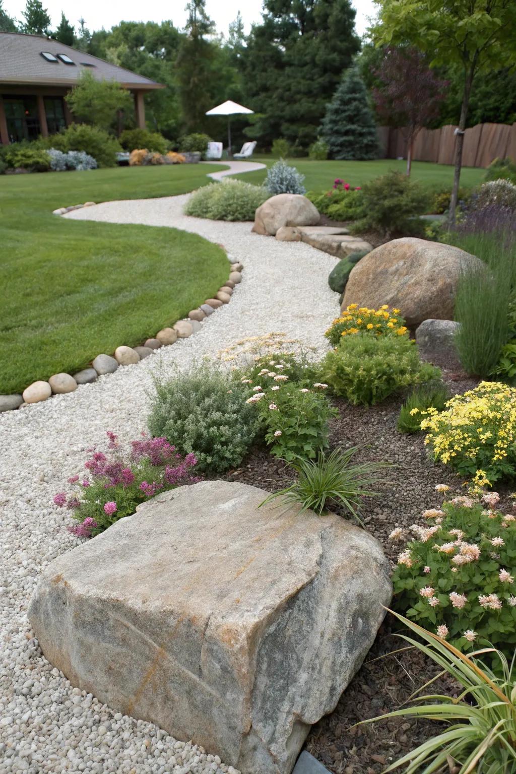 A striking contrast between pea gravel and large stones in a sophisticated garden design.