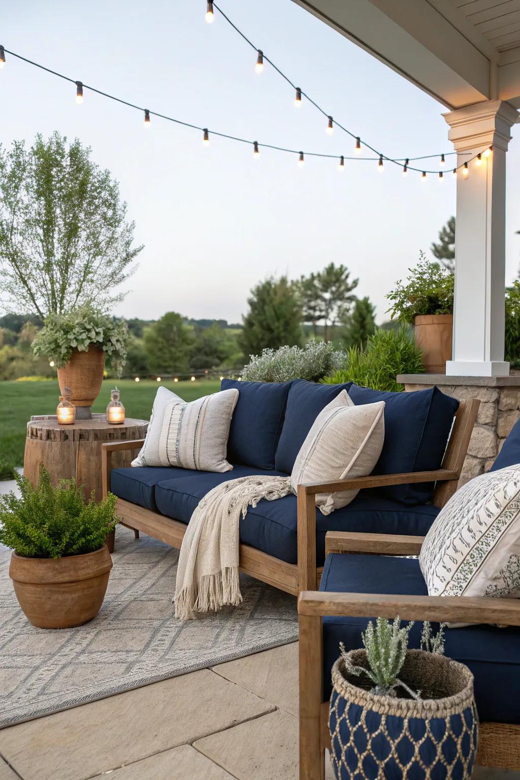 Achieve a serene balance with navy and neutral tones.