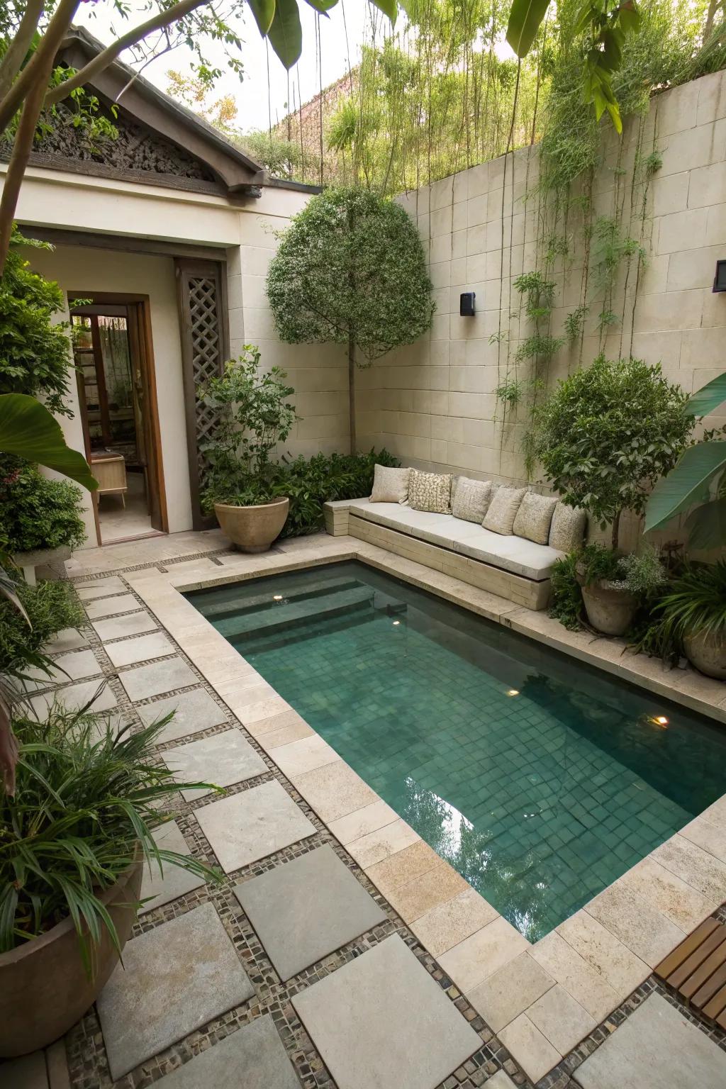 Underwater seating adding luxury to a small courtyard pool.