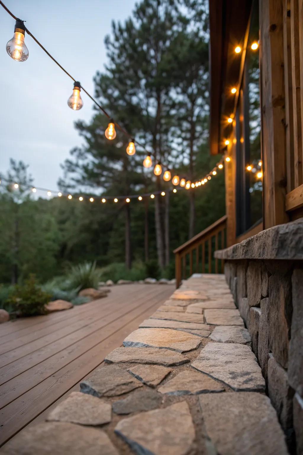 String lights highlight the natural beauty of wood and stone.