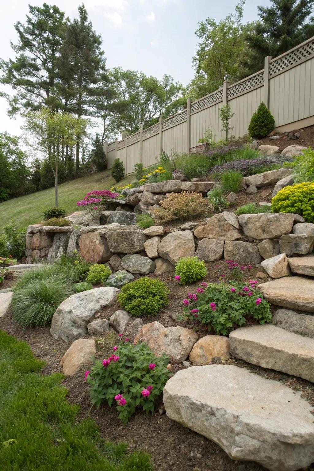 A tiered rockery design adding depth to a garden.