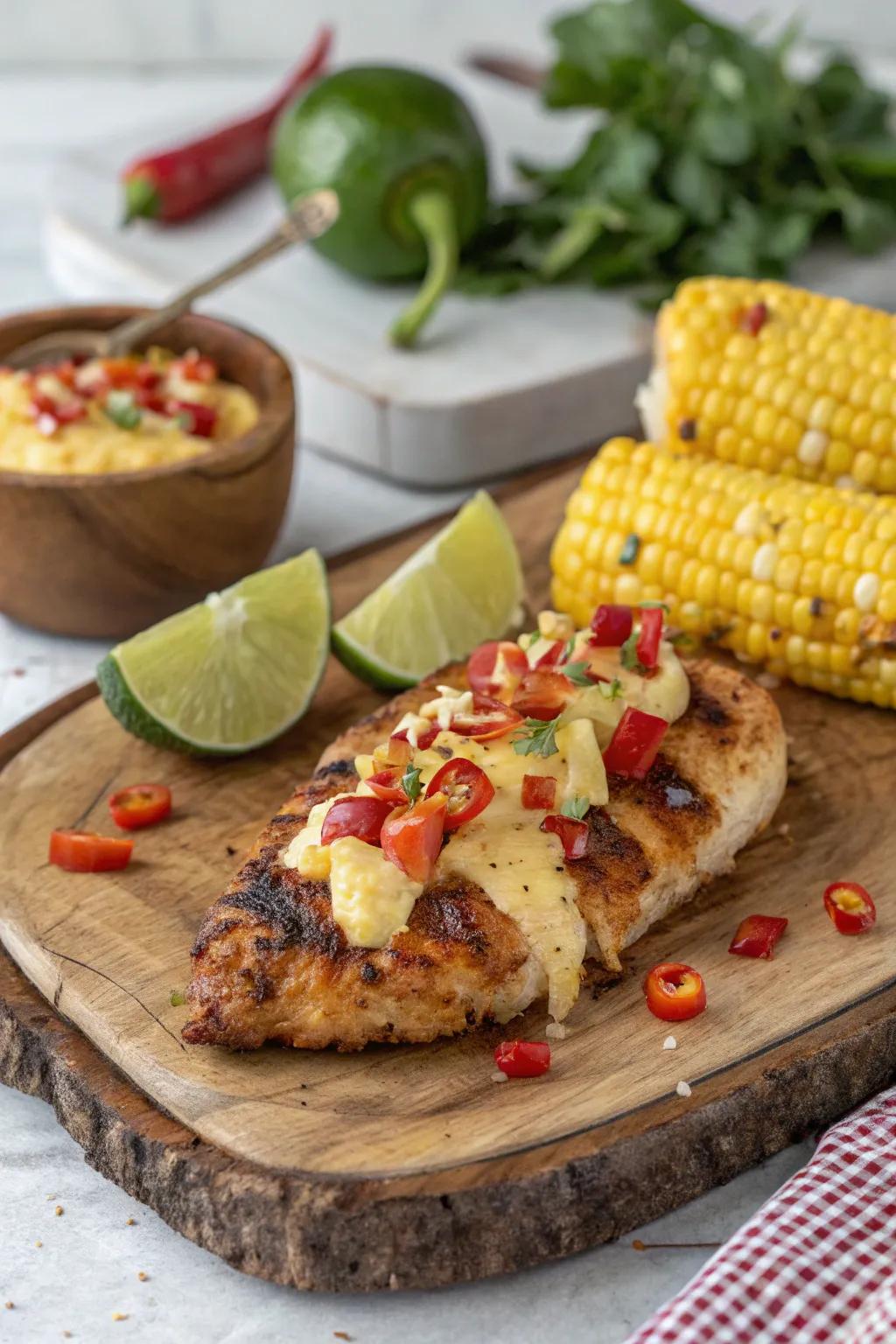 Elote-style grilled chicken, a creamy and spicy delight.