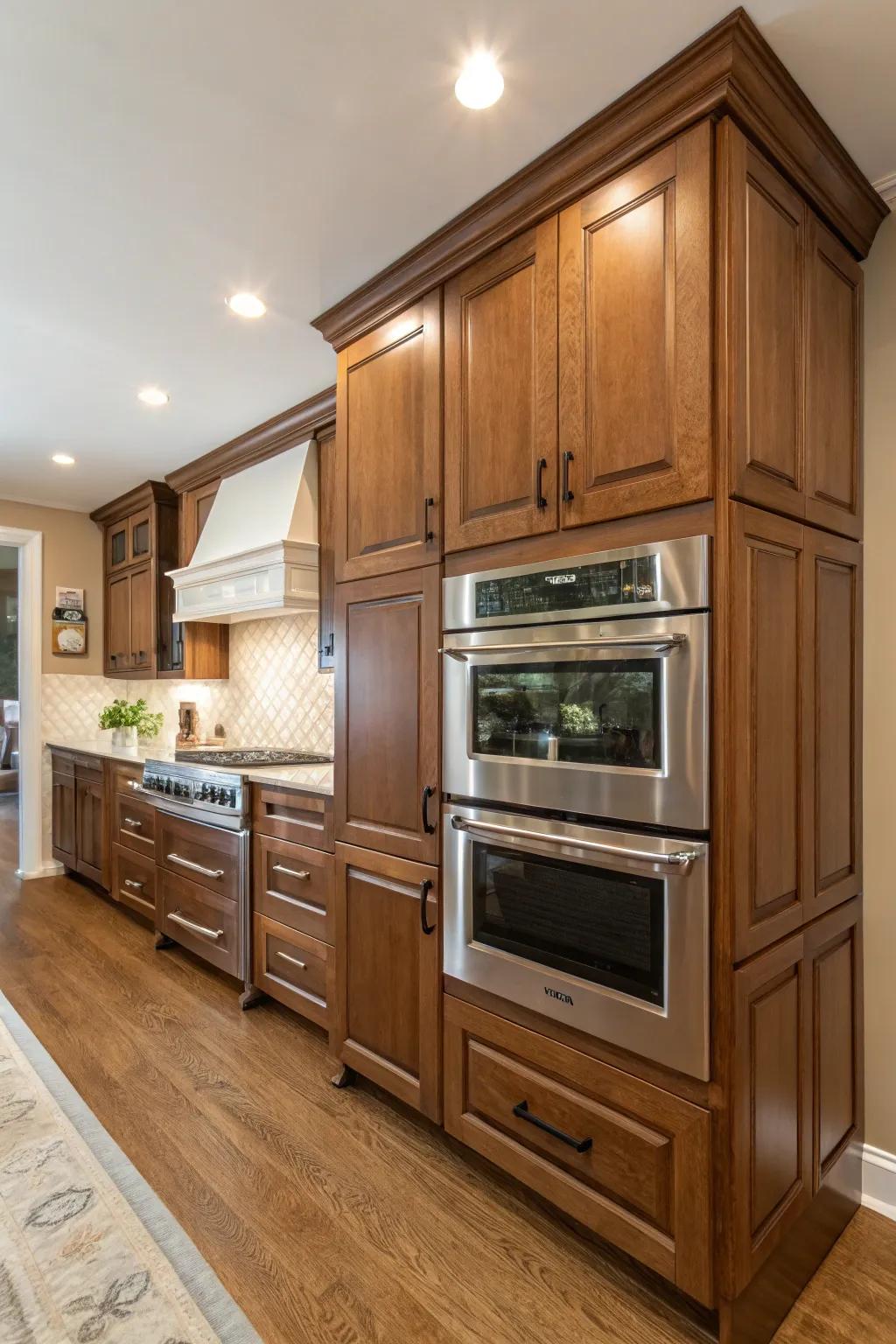 An angled double oven cabinet that turns a corner into an eye-catching kitchen feature.
