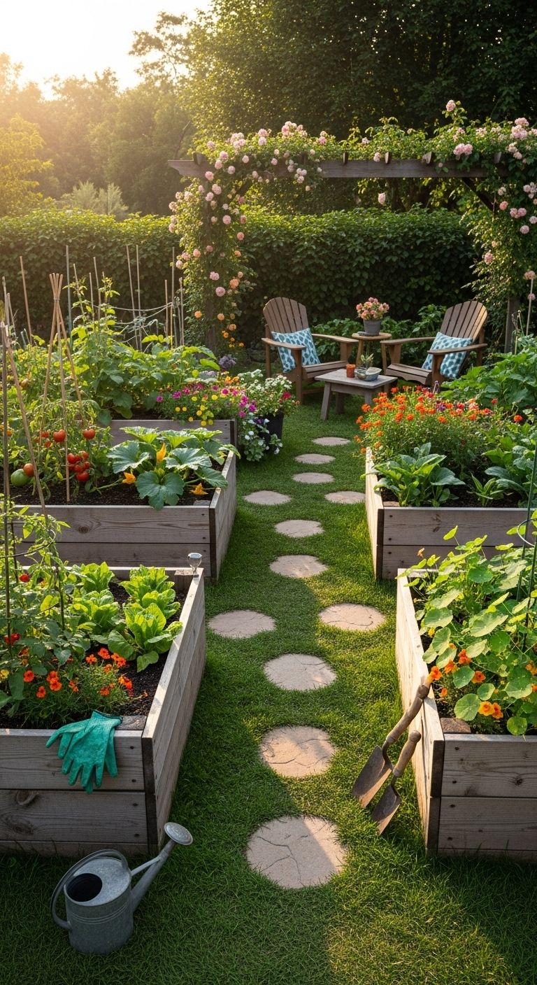 Backyard Gardening Ideas | Rose Arbor Garden with Stepping Stones and Sunset View